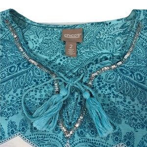 Chico's Women's Size 2 Large V Neck 3/5 Tunic Paisley Blue White Top Sequin
